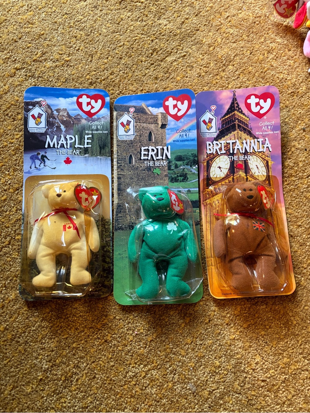 Ty Collectible Bear Trio — Yellow, Green & Brown Plush Set